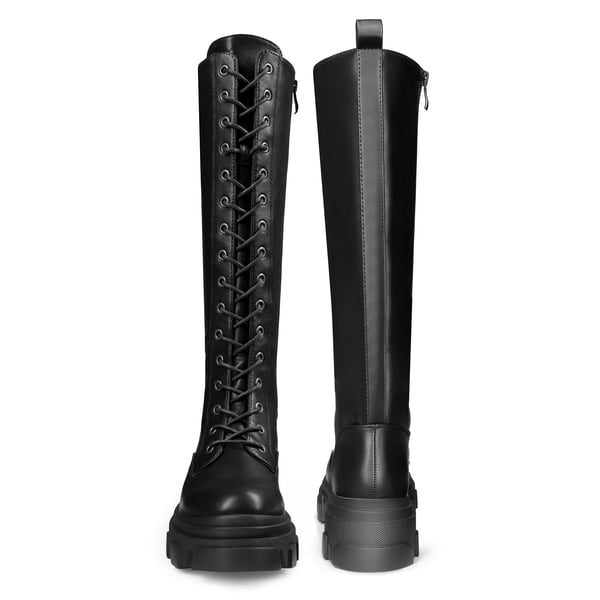 Lace Up Knee High Boots - BLACK PU - 3
